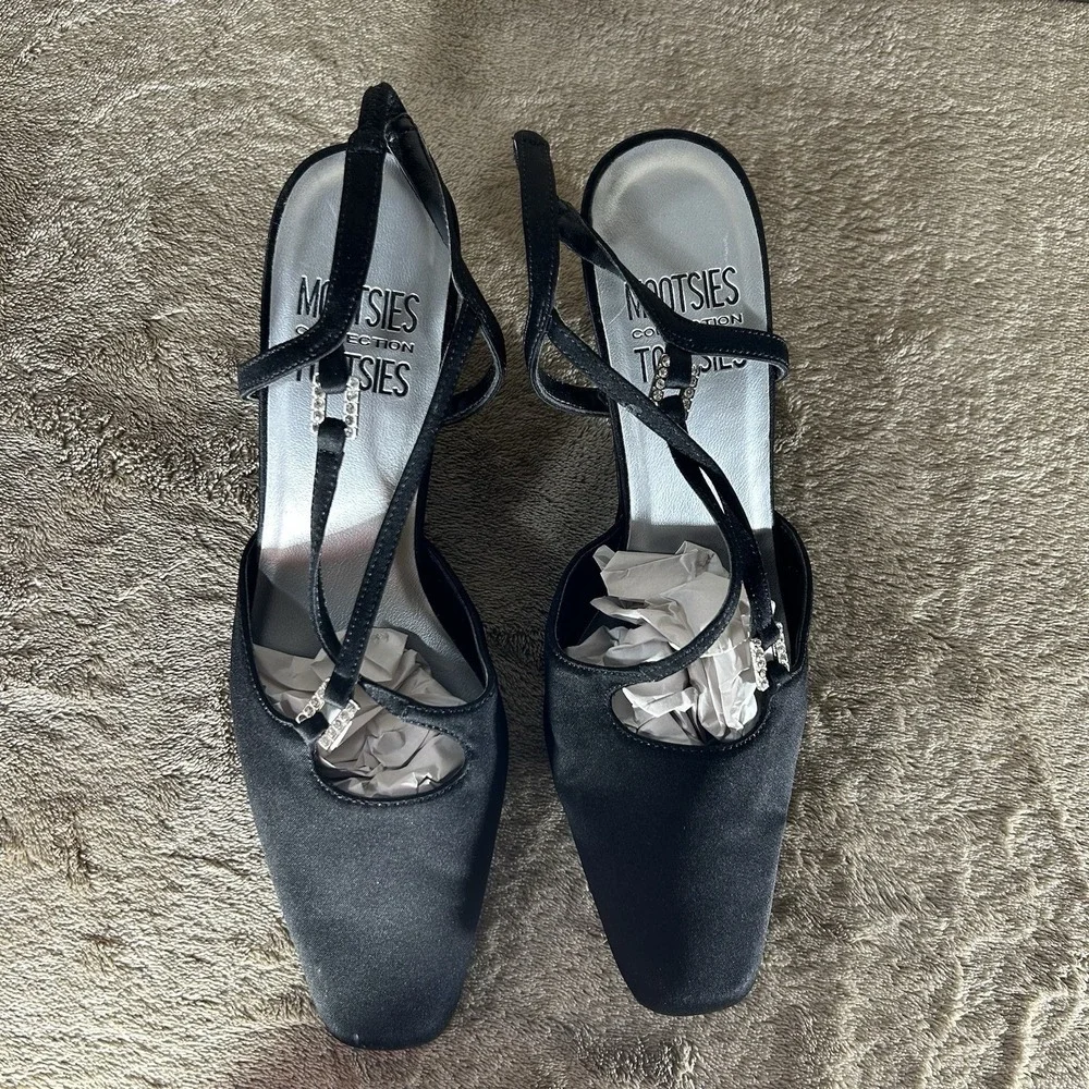 Mootsies Tootsies Black Satin Strappy Rhinestone Heels Women's Size 6.5M